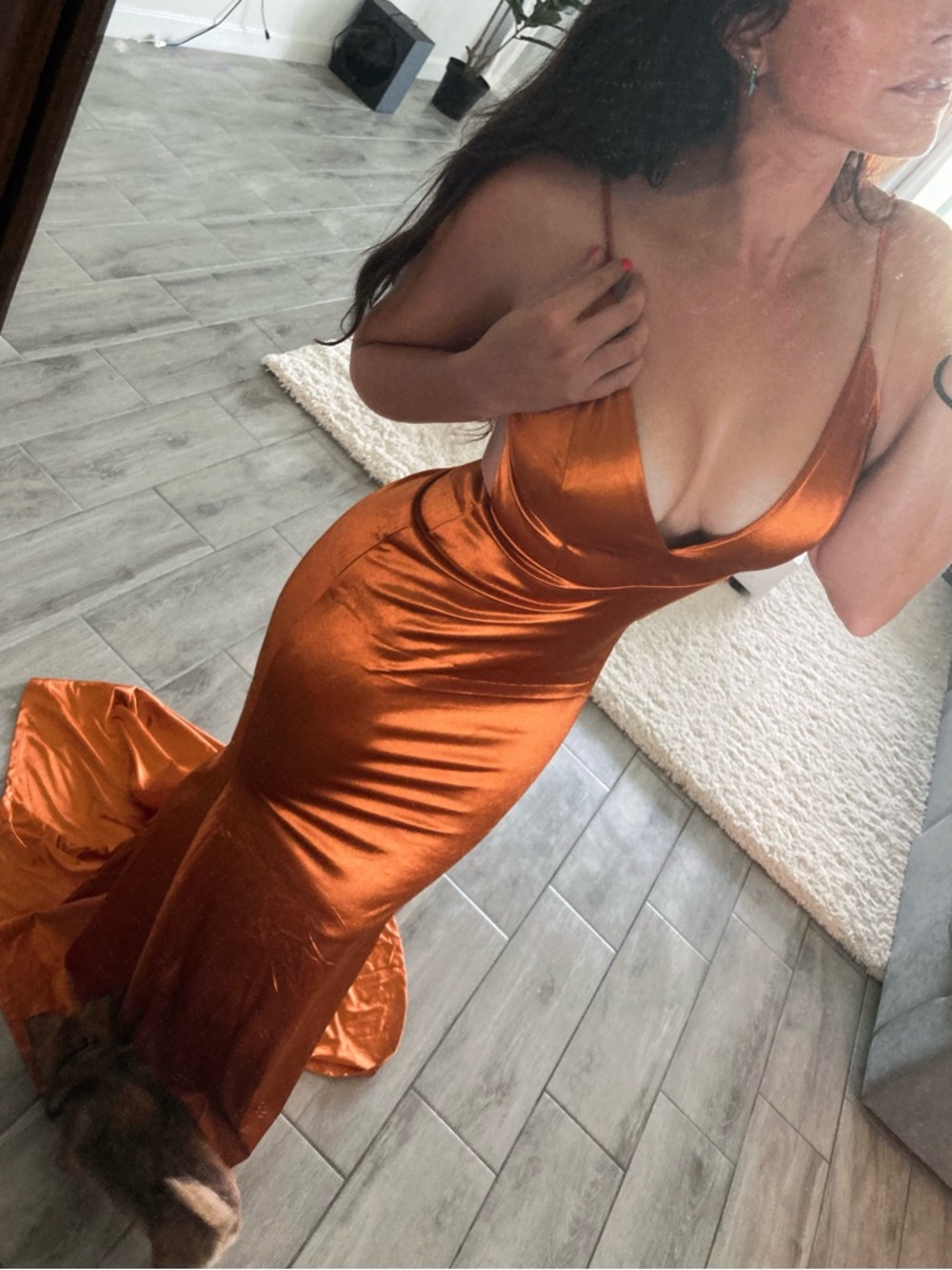 Elegant Rust Satin Slip Dress with Spaghetti Straps